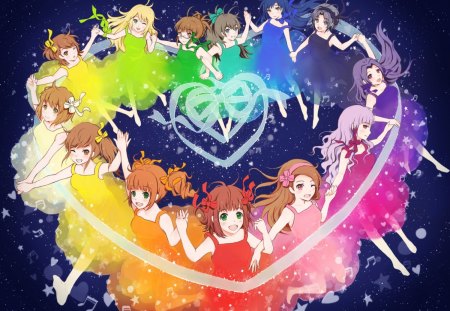 ~Idolmaster~ - anime, bows, friendship, stars, girls, colorful, idolmaster, musical notes, ribbon, hearts