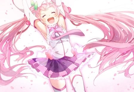 I Love Spring!!! - cherries, vocaloid, anime, sakura miku, pink hair, petals, happy