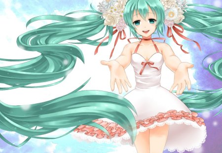 Hatsune Miku - pretty, anime, vocaloid, female, dress, hatsune miku, green hair, long hair, nice, anime girl, twintails, hot, girl, sundress, lovely, sweet, miku, cute, hatsune, vocaloids, sxy