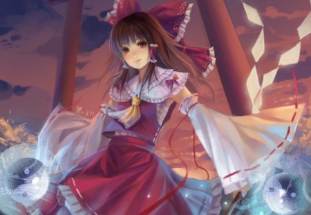 Hakurei Reimu - touhou, cute, yinyang, shrine, hakurei reimu, hot, brown hair, anime, anime girl, girl, dress, ong hair, ribbon, reimu, sexy, female