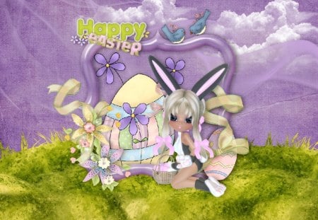 Easter Bunny - purple, pretty, yellow, easter, green, bunny, fantasy