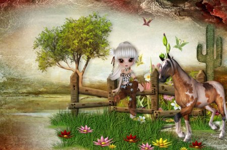 Happy Trails - pony, flowers, pretty, trails, cute, cactus, horse, happy