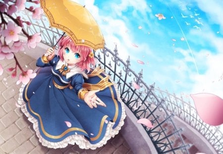 Cherry Blossoms - nice, sky, female, hot, anime girl, cherry blossom, pretty, cloud, umbrella, anime, sakura blossom, cute, short hair, sexy, fence, girl, blue eyes, pink hair, gown, lovely, floral, sakura, sweet, dress, flower