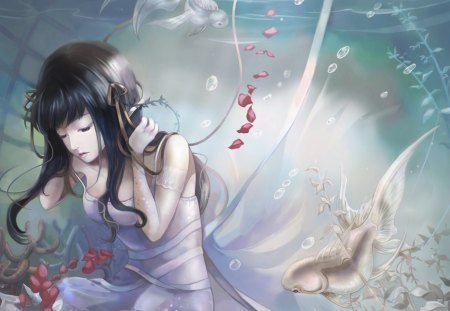 Underwater - sexy, hot, girl, female, sundress, long hair, water, anime girl, bubbles, black hair, underwater, petals, fish, anime, cute, dress