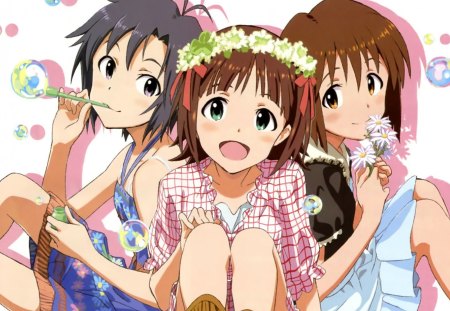 ~Bubbles & Daisies~ - girls, pretty, happy, short hair, flowers, bubbles, anime, friends, idolmaster