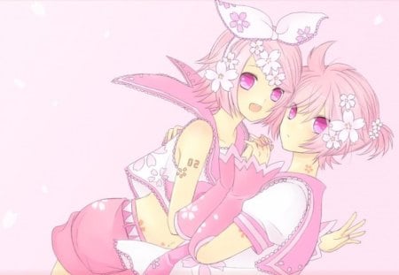 ~Tickled Pink~ - vocaloid, rin and len kagamine, pink, anime, siblings, flowers