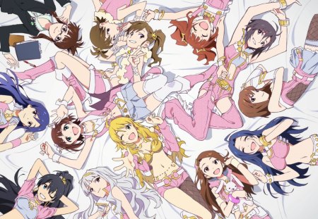 Smile Everyone!! - girls, laying, pretty, pink outfits, smiles, anime, idolmaster, friends