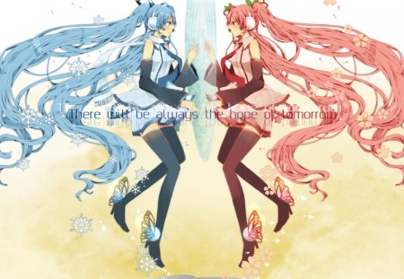 The Hope For Tomorrow - anime, vocaloid, winter, snowflakes, blue, spring, pink, flowers, sisters, sakura miku