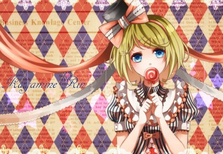 ~Rin Kagamine~ - pretty, lollipop, vocaloid, anime, stripes, bow, hat, blue eyes, rin kagamine