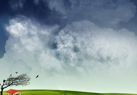 Chasing the clouds - misty, greenery, clouds, house, fields, day, sky