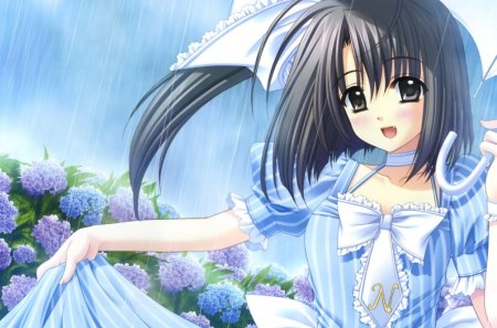 Raining Day - female, hot, water, anime girl, raining, umbrella, petals, anime, ribbon, cute, sexy, girl, rain, long hair, gown, floral, blossom, flower, dress