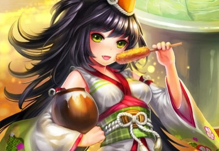 Yummy Food - pretty, anime, delicious, female, food, long hair, eat, nice, yellow eyes, anime girl, hot, girl, kimono, lovely, sweet, yukata, black hair, eating, cute, sexy, good