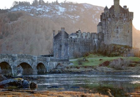 beautiful ancient castle - hill, castle, river, bridge, rocks