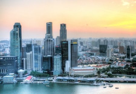 beautiful city waterfront at sunrise - city, skyscrapers, sunrise, waterfront