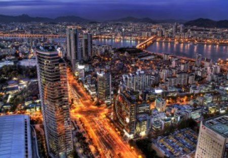 fantastic urban scape at night hdr - river, streets, lights, hdr, skyscrapers, city, night, bridge