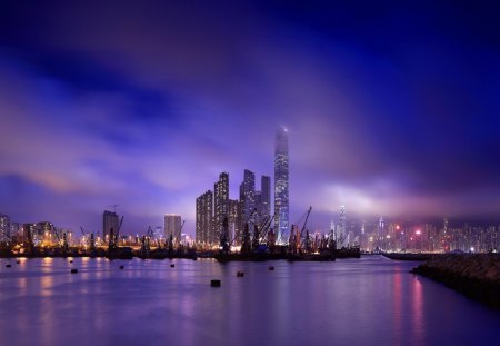 fabulous city harbor on a foggy night - night, harbor, city, fog, marina, skyscrapers