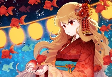 Goldfish Maiden - anime, female, gold fish, night, light, tail, long hair, anime girl, water, hot, girl, kimono, lovely, sweet, yukata, lantern, bubble, cute, sexy, fish, orange hair