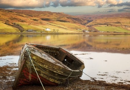 Abandoned Boat - clouds, water, landscape, lake, houses, sky