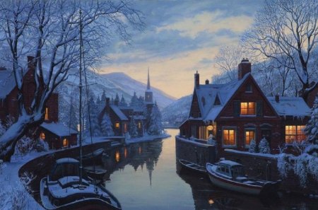 Winter Night On The River - pretty, house, winter, beautiful, snow, night, reflection, boats, river, painting, mountains