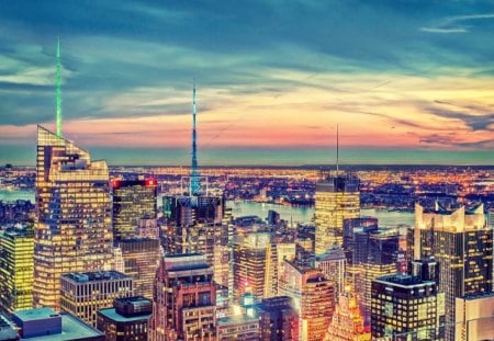 rooftop view of nyc hdr - antennas, roofs, hdr, skyscrapers, dusk, city, antenas