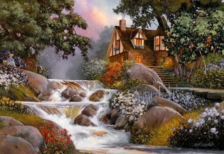 Special place - pretty, quiet, cabin, creek, stream, spring, forest, calmness, flowers, paradise, nice, place, art, cottage, house, branches, trees, water, special, beautiful, lovely, stones, village, river, nature, waterfall, painting, serenity, peaceful, rocks