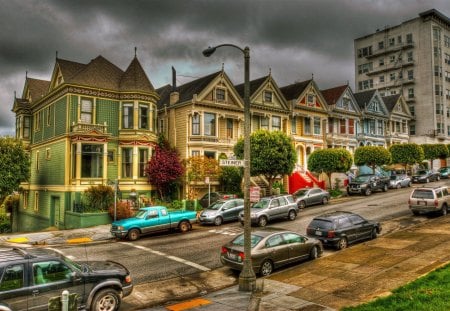 lovely street in san francisco hdr - street, houses, city, cars, hdr