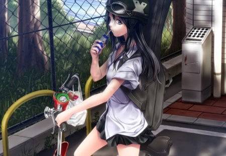 Scooter - googles, scooter, female, hot, hair, anime girl, black, box, anime, blouse, cute, grass, sexy, skirt, fence, drink, girl, shirt, long hair, eat