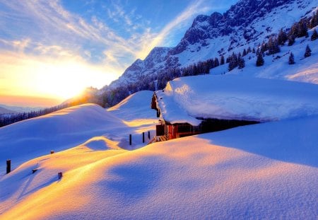 ICE MOUNTAINS - house, snow, slope, mountains, bare, icicles