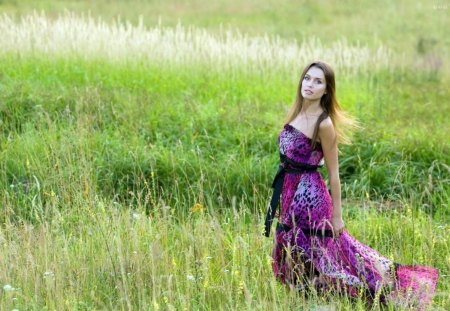 cute lady - pink dress, fields, girl, green, grass