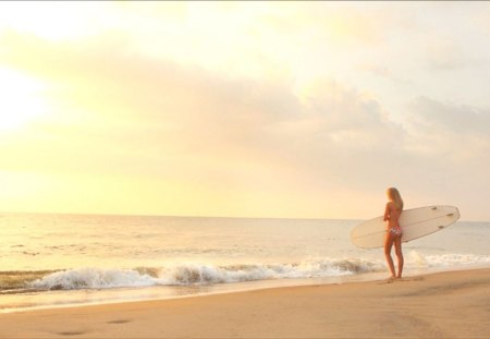 lovely day - women, beach, surfing, sea, sky