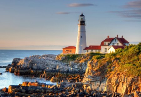 perfect lighthouse on a rocky shore - lighthouse, shore, sea, rocks