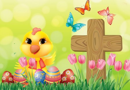 Easter Chick - chick, whimsical, tulips, easter, spring, cross, eggs, chicken, fleurs, flowers, cute, papillon, butterflies