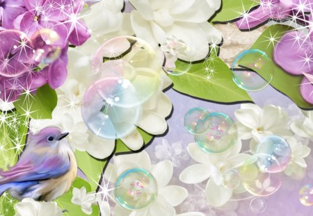 Bubbles Bird and Blooms - summer, bird, flowers, spring, bubbles, abstract, fresh, garden, lilalcs, pastel, lavender