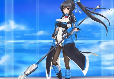 Free Lancer - anime, female, lance, long hair, armor, spear, weapon, nice, anime girl, realistic, beautiful, hot, girl, beauty, lovely, sweet, cg, black hair, cloud, cute, 3d, sexy