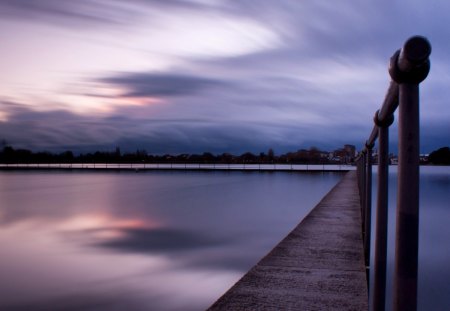 long railed pier on misty sea - clouds, rail, harbor, pier, sea