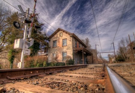 lovely old train stop hdr - station, barrier, tracks, hdr, house