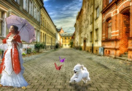 Beauty - street, HDR, woman, butterfly, dog, blackground