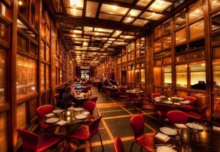 beautiful wood lined restaurant hdr - restaurant, chairs, tables, window, hdr