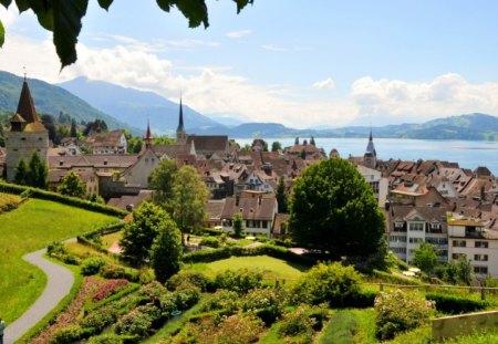 lake town full of churches - lake, town, churches, mountains, garden