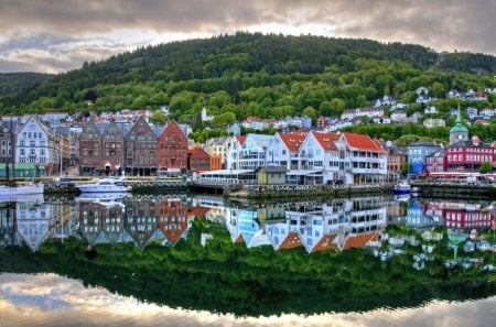 amazing town reflection in a river - hill, town, tiver, forest, reflection