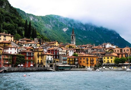 beautiful italian lake town on a foggy morning - docks, town, fog, lake, mountains