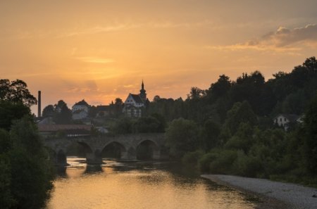 bridge in a lovely town at sunset - river, sunset, town, bridhe, forest