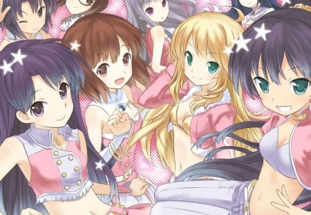 ~Idolmaster~ - pretty, anime, long hair, stars, girls, short hair, idolmaster, pink outfits, friends