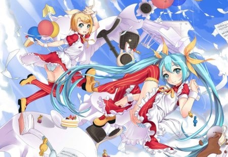 ~Work On The Go~ - hatsune miku, sky, chairs, tables, candy, cake, flying, piano, red dresses, balloons, rin kagamine, vocaloid, anime, friends