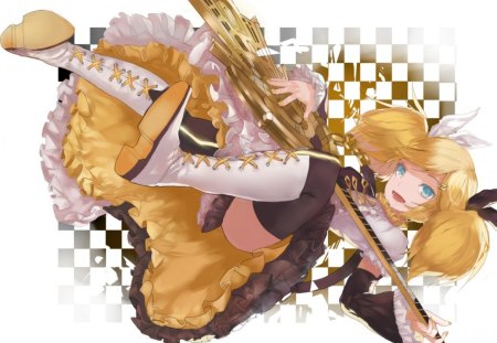 ~Rin Kagamine~ - guitar, vocaloid, blonde, anime, dress, white boots, blue eyes, music, bows, rin kagamine