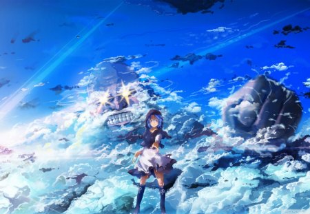 Nice Sky - anime, girl, blue, clouds