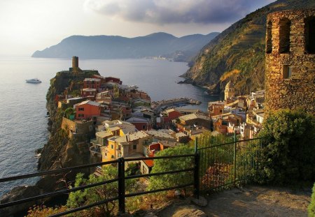 magnificent town on the italian seacoast - houses, popular, cliff, cinque terre, wallpaper, coast, town, architecture, sea