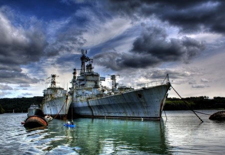 decommissioned navy ships hdr - clouds, ships, lagoon, hdr, old