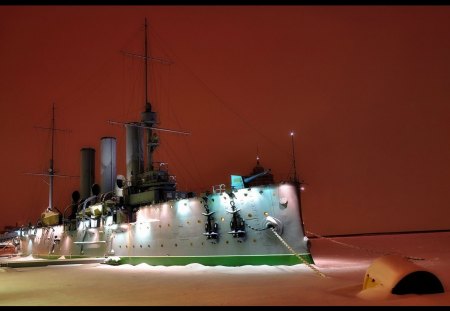 vintage russian war ship in winter - lights, winter, vintage, ship, military, night