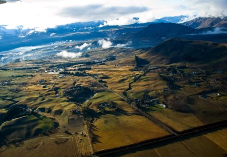 superb rural scape from an airplane view - farms, clouds, view, plane, fields